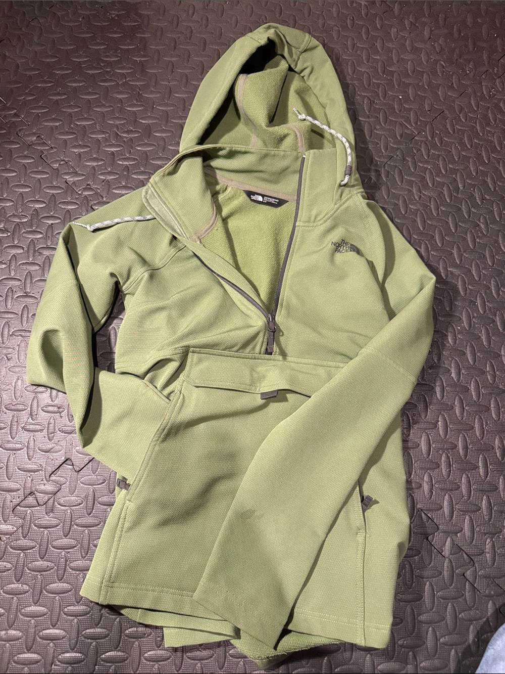 The North Face Olive Green Half-Zip Hooded Fleece Pullover small mark on sleeve